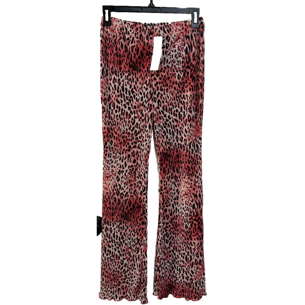 Topshop Petite Plisse Flared Pants Ribbed Pink Leopard 6 70s Vibe Loungeware